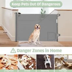 Retractable Dog Gate With Cat Door 55” Wide Retractable Baby Gate With Pet Door 35” Tall Indoor Outdoor Mesh Pet Gate For Cats/Small Dogs Child Safety Gate For Stairs, Doorways, Deck (Grey) -Zoo Shop 51yqw57zupL