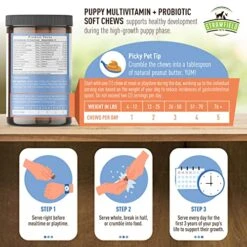 Strawfield Pets Puppy Multivitamin + Probiotics For Dogs Puppy Vitamins Joint Support Supplement For Dogs & Puppies Hickory Bacon Flavor 120 Crunchy Soft Chews -Zoo Shop 51zLXHyDpOL