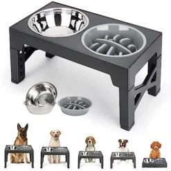 ODRIEW Elevated Dog Bowls, 5 Adjustable Heights Raised Dog Bowl Stand With 2 Stainless Steel Dog Food Bowls And 1 Slow Food Bowl, Tiltable Neck Guard For Small Medium Large Pets Dogs And Cats (Grey)