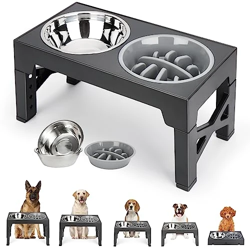 ODRIEW Elevated Dog Bowls, 5 Adjustable Heights Raised Dog Bowl Stand With 2 Stainless Steel Dog Food Bowls And 1 Slow Food Bowl, Tiltable Neck Guard For Small Medium Large Pets Dogs And Cats (Grey) 3 ODRIEW Elevated Dog Bowls, 5 Adjustable Heights Raised Dog Bowl Stand With 2 Stainless Steel Dog Food Bowls And 1 Slow Food Bowl, Tiltable Neck Guard For Small Medium Large Pets Dogs And Cats (Grey)