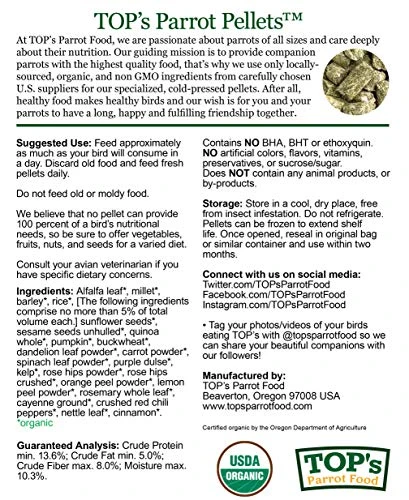 TOP's Parrot Food Mini Pellets Bird Food For Budgies, Cockatiels, Parrotlets, Lovebirds, Parakeets - Non-GMO, Peanut Soy & Corn Free, USDA Organic Certified - 4LBS 5 TOP's Parrot Food Mini Pellets Bird Food For Budgies, Cockatiels, Parrotlets, Lovebirds, Parakeets - Non-GMO, Peanut Soy & Corn Free, USDA Organic Certified - 4LBS - Image 3