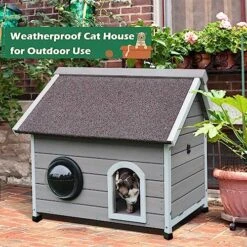 HiCaptain Weatherproof Outdoor Cat House, Wooden Feral Cat House For Outside, Unique Small Pet Shelter With Escape Door, Clear Window And Removable Attic-Grey -Zoo Shop 61C3oCv7vRL