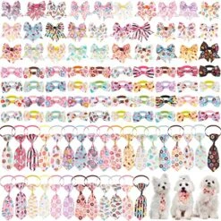 100 Pieces Donut Ice Cream Dog Bow Tie Collar Set Include 30 Dog Neckties, 30 Collar Flowers And 40 Dog Bow Tie, Adjustable Valentine Dog Bows Grooming For Small Medium Dogs Supply