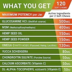 Hemp Treats - Glucosamine Dog Joint Supplement + Omega 3 - W/Hemp Oil - Chondroitin, MSM - Advanced Mobility Chews - Joint Pain Relief - Hip & Joint Care - Chicken Flavor - 120 Ct - Made In USA 17 Hemp Treats - Glucosamine Dog Joint Supplement + Omega 3 - W/Hemp Oil - Chondroitin, MSM - Advanced Mobility Chews - Joint Pain Relief - Hip & Joint Care - Chicken Flavor - 120 Ct - Made In USA -Zoo Shop 61elciTMlpL