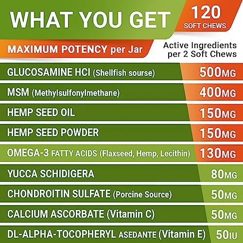 Hemp Treats - Glucosamine Dog Joint Supplement + Omega 3 - W/Hemp Oil - Chondroitin, MSM - Advanced Mobility Chews - Joint Pain Relief - Hip & Joint Care - Chicken Flavor - 120 Ct - Made In USA 6 Hemp Treats - Glucosamine Dog Joint Supplement + Omega 3 - W/Hemp Oil - Chondroitin, MSM - Advanced Mobility Chews - Joint Pain Relief - Hip & Joint Care - Chicken Flavor - 120 Ct - Made In USA - Image 4