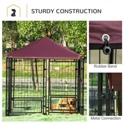 PawHut Indoor/Outdoor Metal Dog Kennel, Dog House With Lock, Weather Resistant Canopy And 2 Bowl Holders And Bowls, 4.6' X 4.6' X 5', Black/Red -Zoo Shop 61iCkvFtE2L