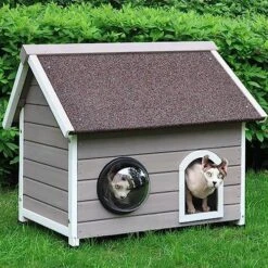HiCaptain Weatherproof Outdoor Cat House, Wooden Feral Cat House For Outside, Unique Small Pet Shelter With Escape Door, Clear Window And Removable Attic-Grey -Zoo Shop 61j45g5DfLL. AC